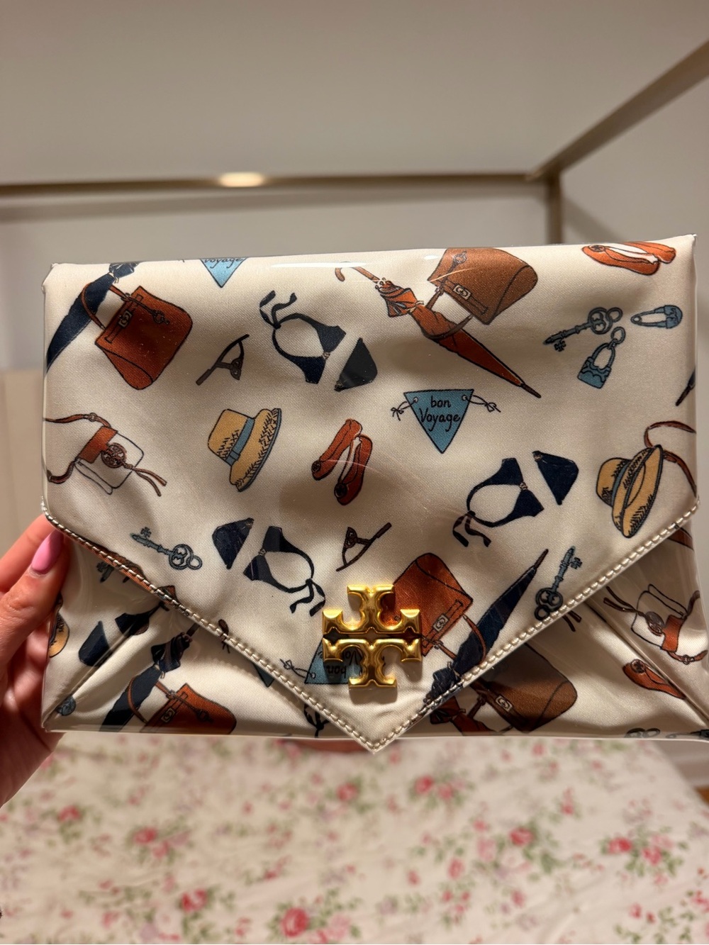 Tory Burch Cream Travel-Print Envelope Clutch with Gold Logo